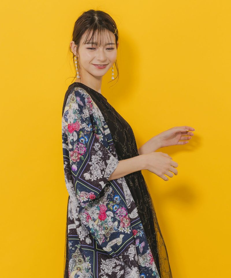 星座と花柄チュール 異素材切替ワンピース-3