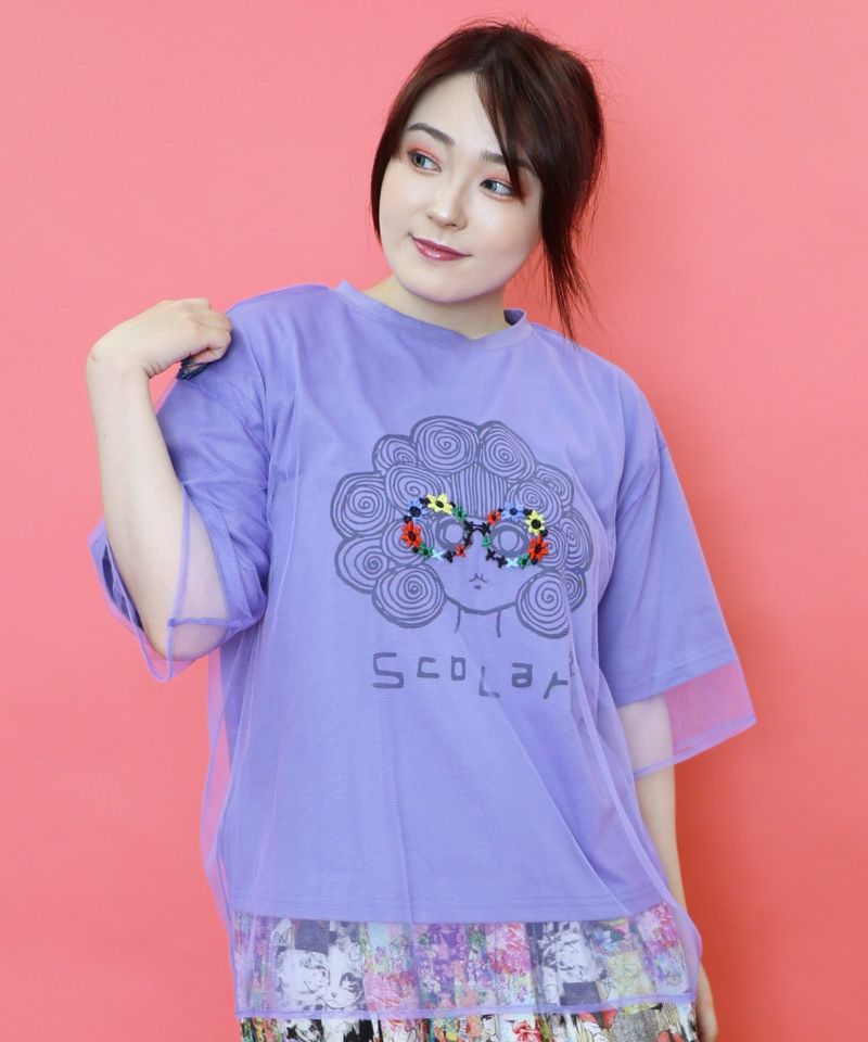 花メガネ刺繍 スカラーちゃんチュール重ねプルオーバー-3
