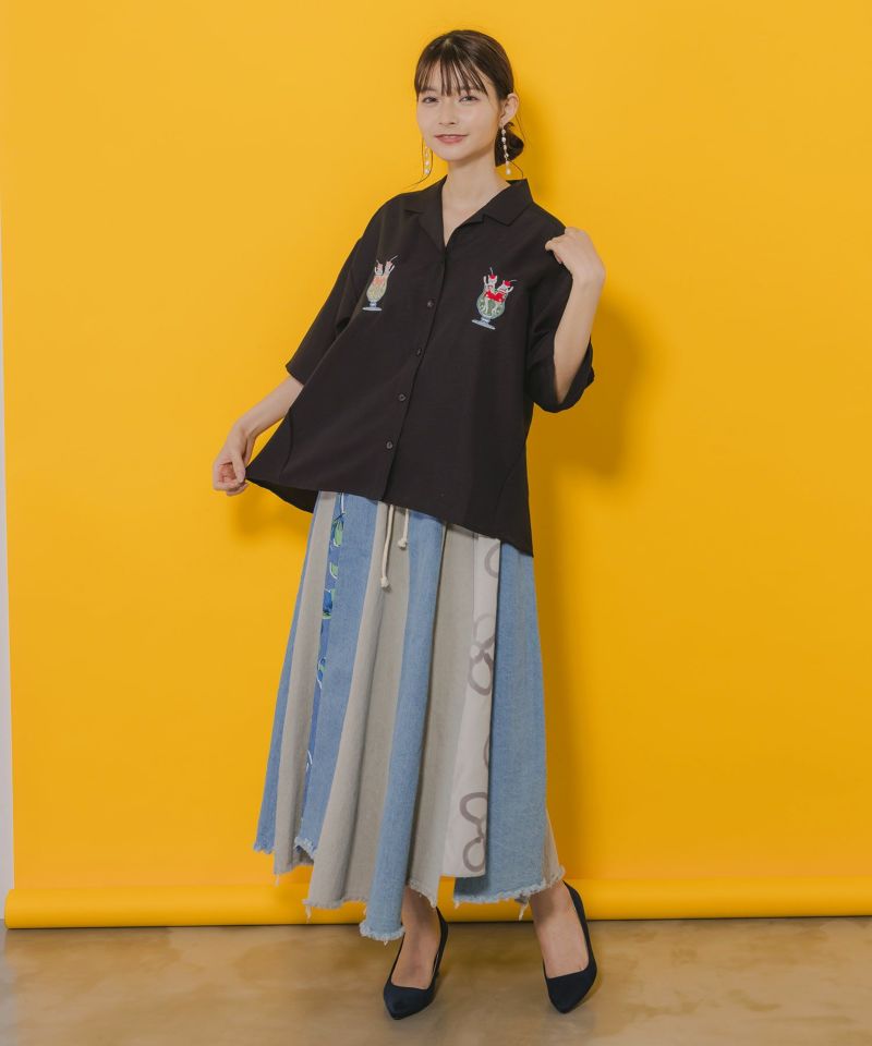 レトロなネコソーダ刺繍シャツ-2