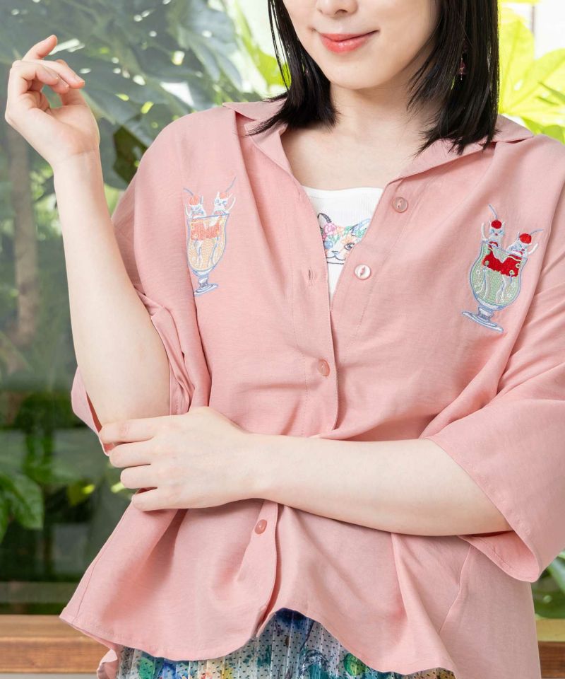 レトロなネコソーダ刺繍シャツ-20