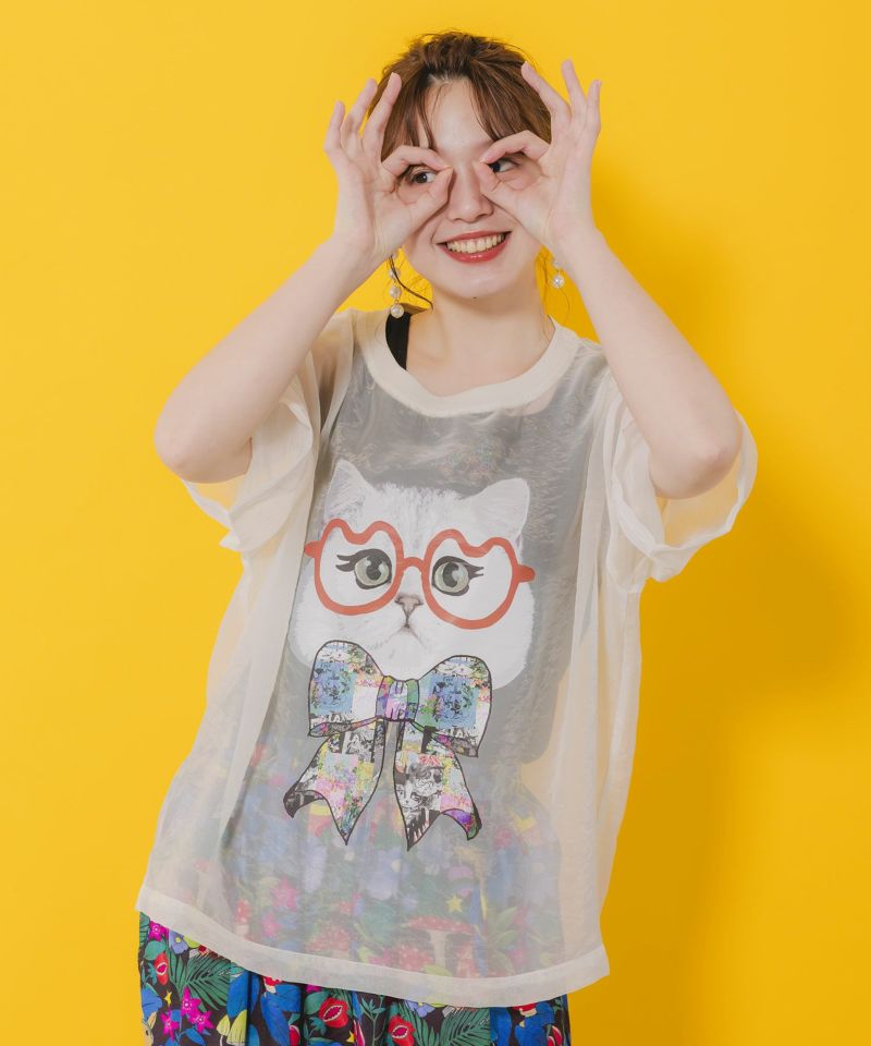 眼鏡リボンネコ柄シアープルオーバー-1
