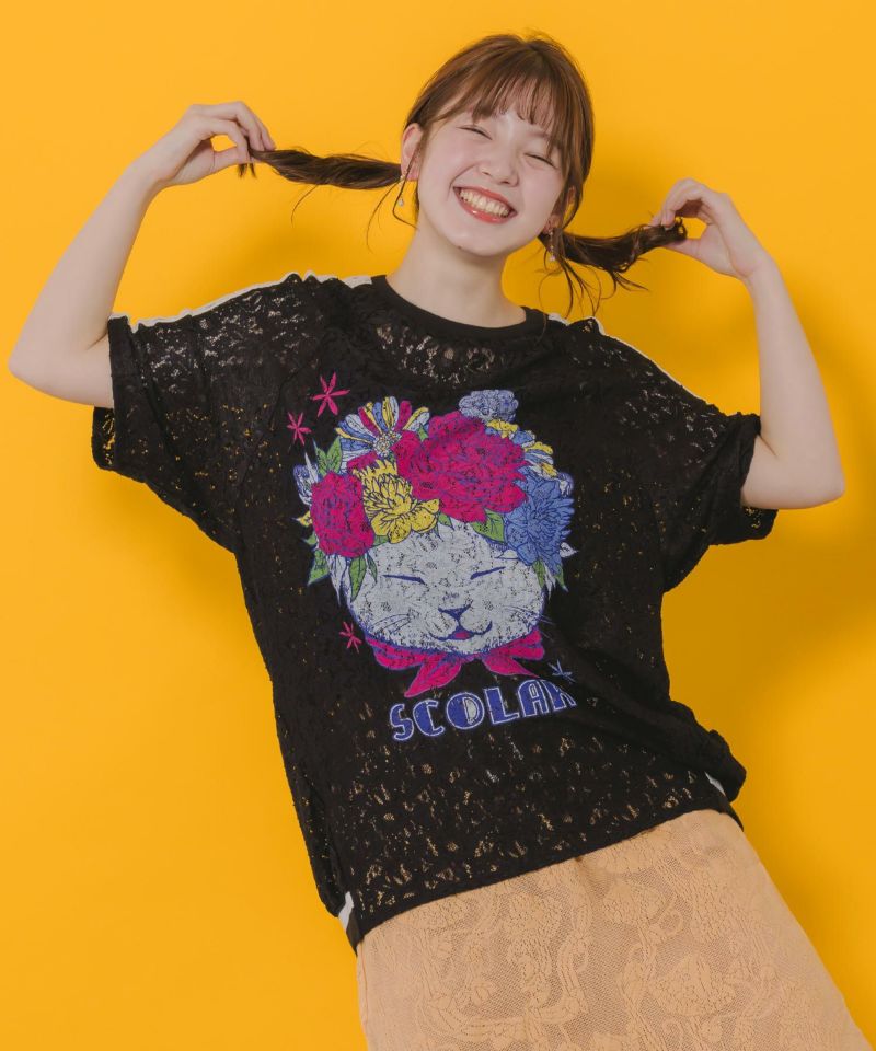 花ネコ柄レースTシャツ-1