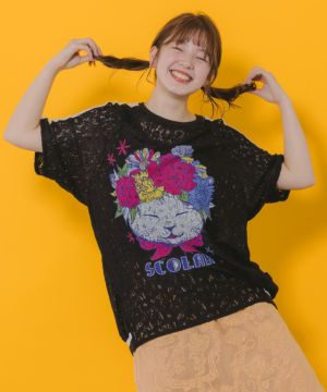 花ネコ柄レースTシャツ-1