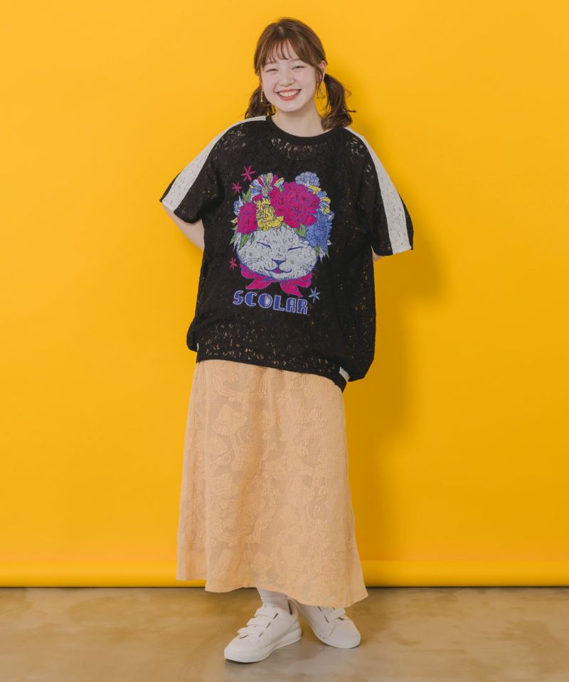 花ネコ柄レースTシャツ-2