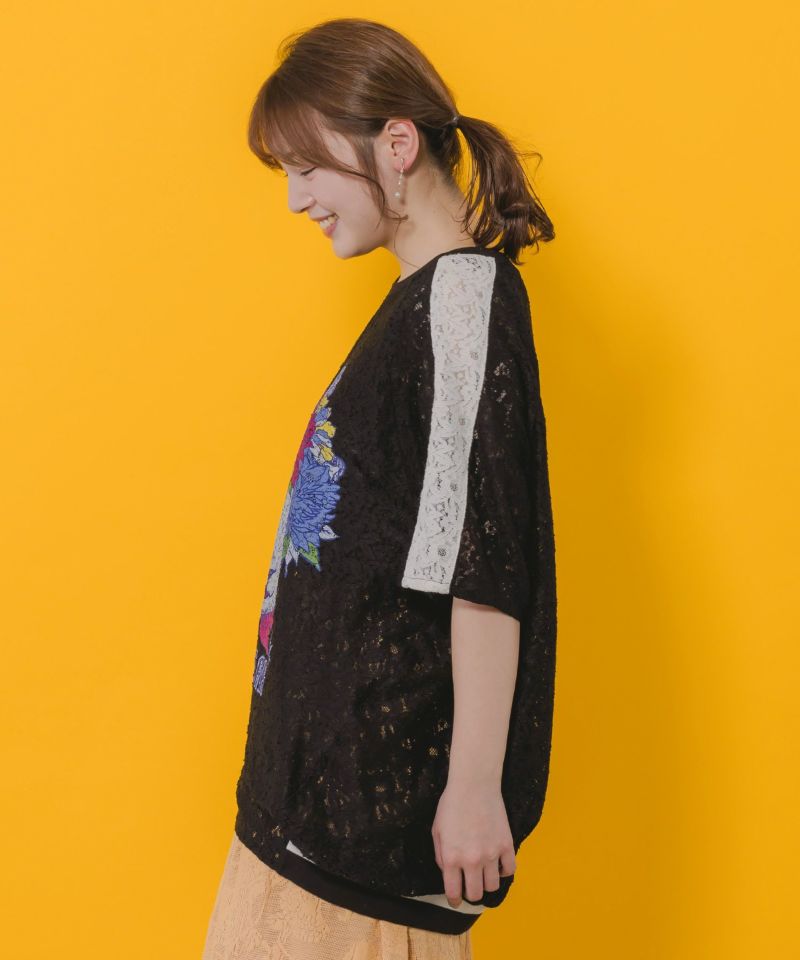 花ネコ柄レースTシャツ-3