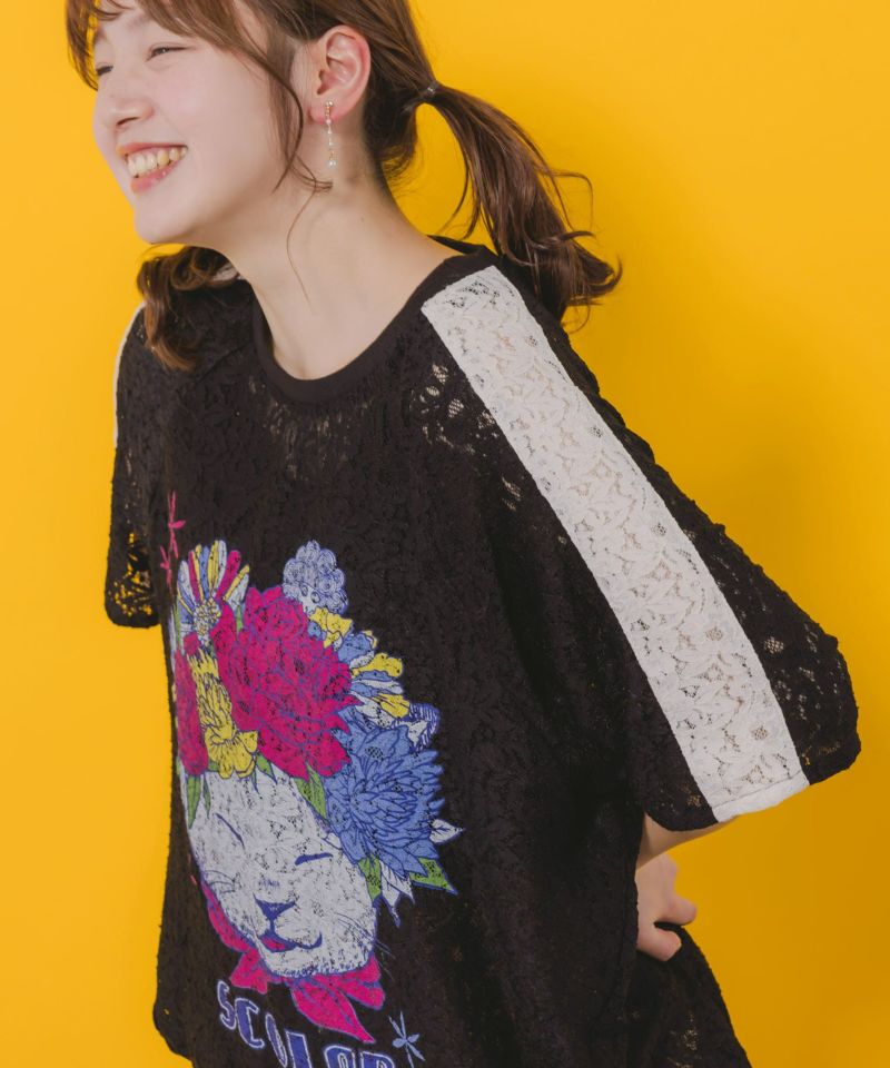 花ネコ柄レースTシャツ-5