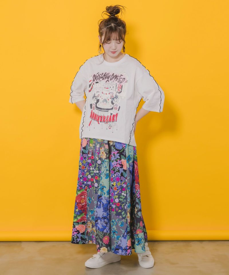 花柄ネコパッチワーク風スカート-2