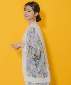 552227：紫陽花のある海辺のお部屋柄 チュール切替カーディガン