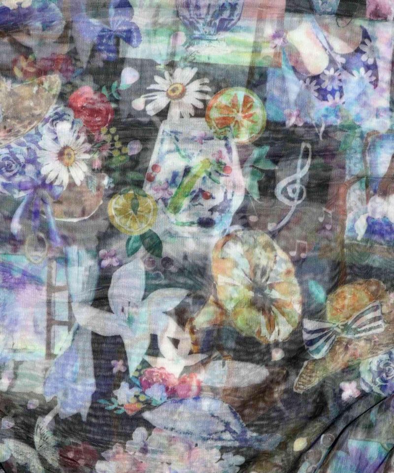 紫陽花のある海辺のお部屋柄 チュール切替カーディガン-13