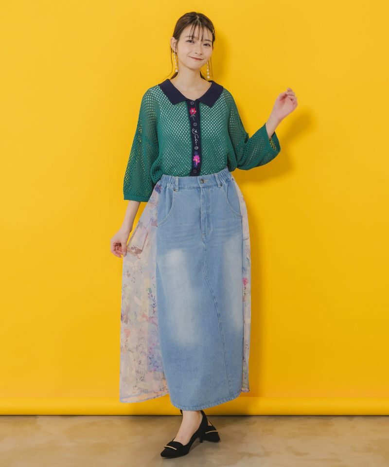 花蝶刺繍 メッシュ編みシャツ-2
