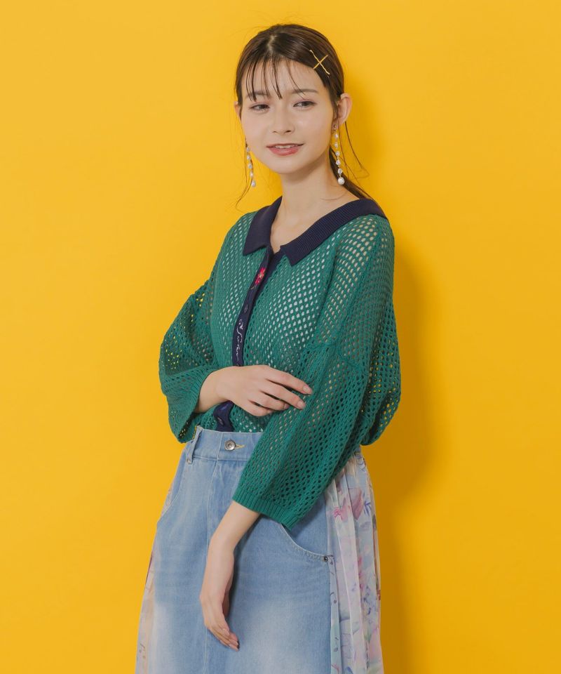 花蝶刺繍 メッシュ編みシャツ-3