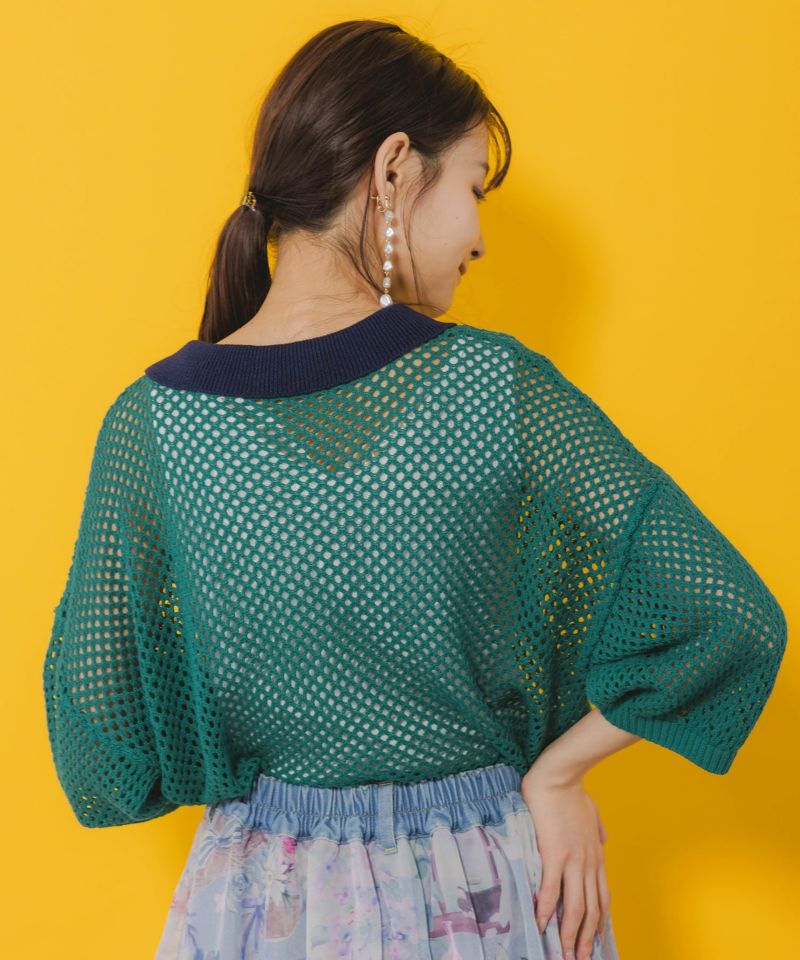 花蝶刺繍 メッシュ編みシャツ-5