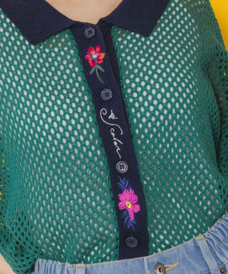 花蝶刺繍 メッシュ編みシャツ-6