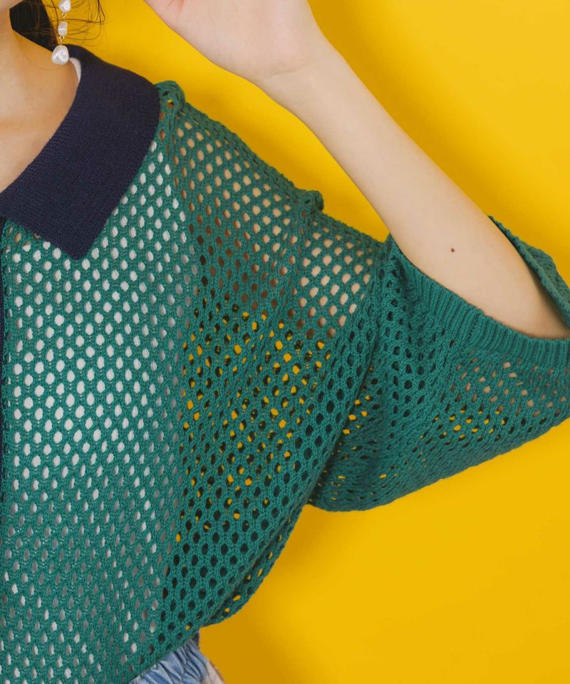花蝶刺繍 メッシュ編みシャツ-7