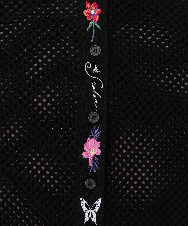 花蝶刺繍 メッシュ編みシャツ-9