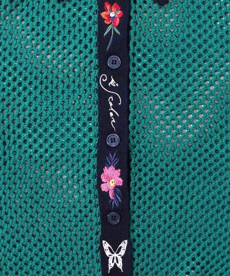 花蝶刺繍 メッシュ編みシャツ-13