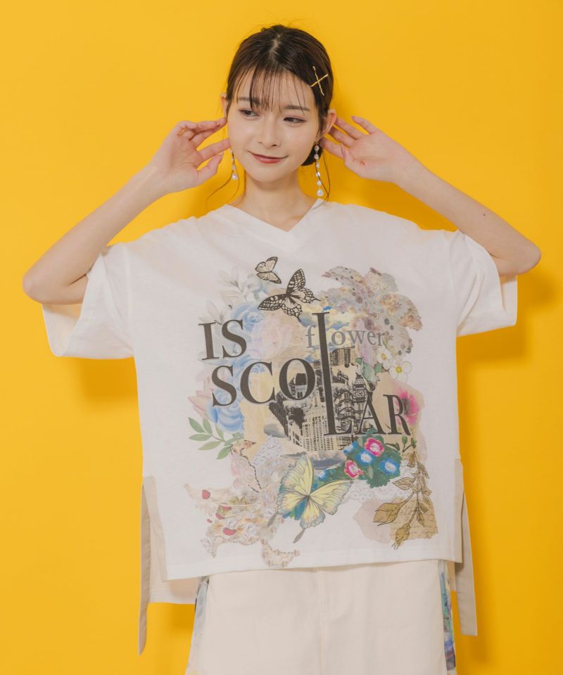 ロゴ花刺繍 スリット入りTシャツ-1