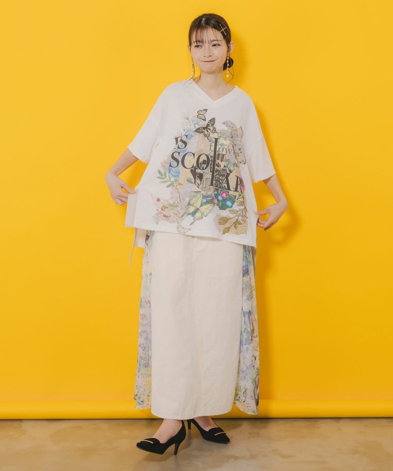 ロゴ花刺繍 スリット入りTシャツ-2