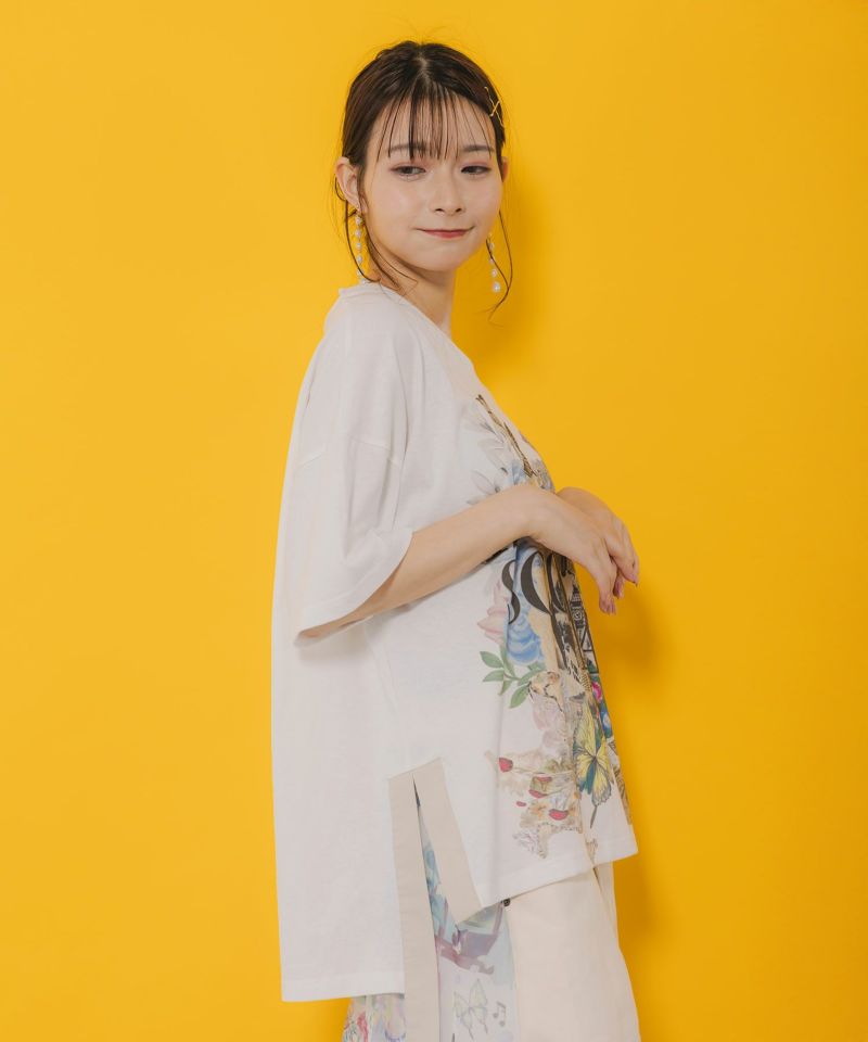 ロゴ花刺繍 スリット入りTシャツ-3