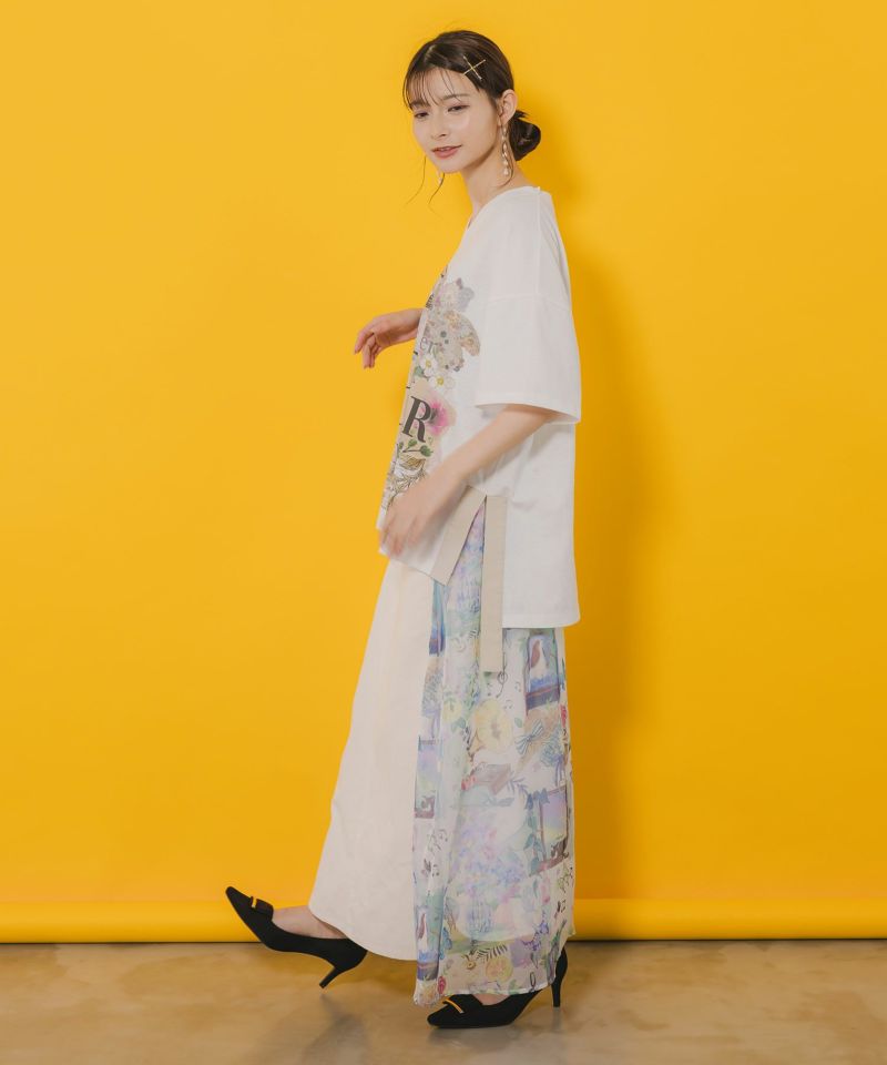 ロゴ花刺繍 スリット入りTシャツ-4