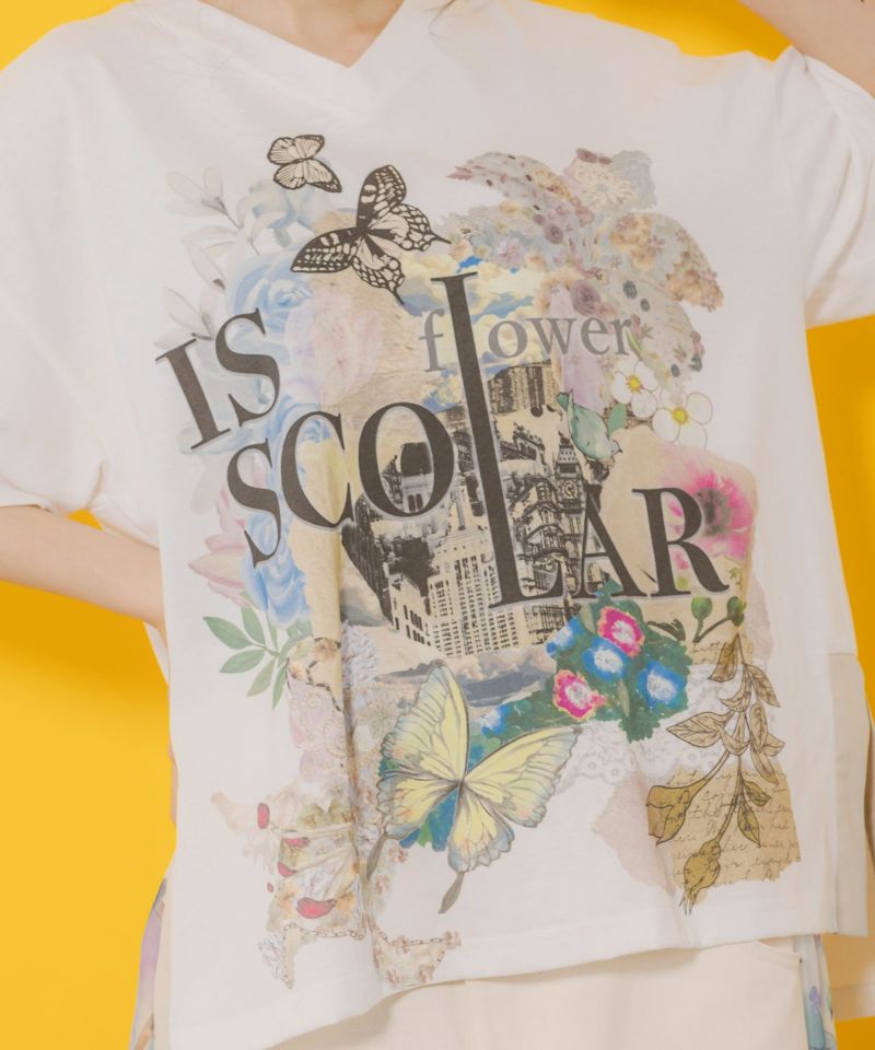 ロゴ花刺繍 スリット入りTシャツ-7