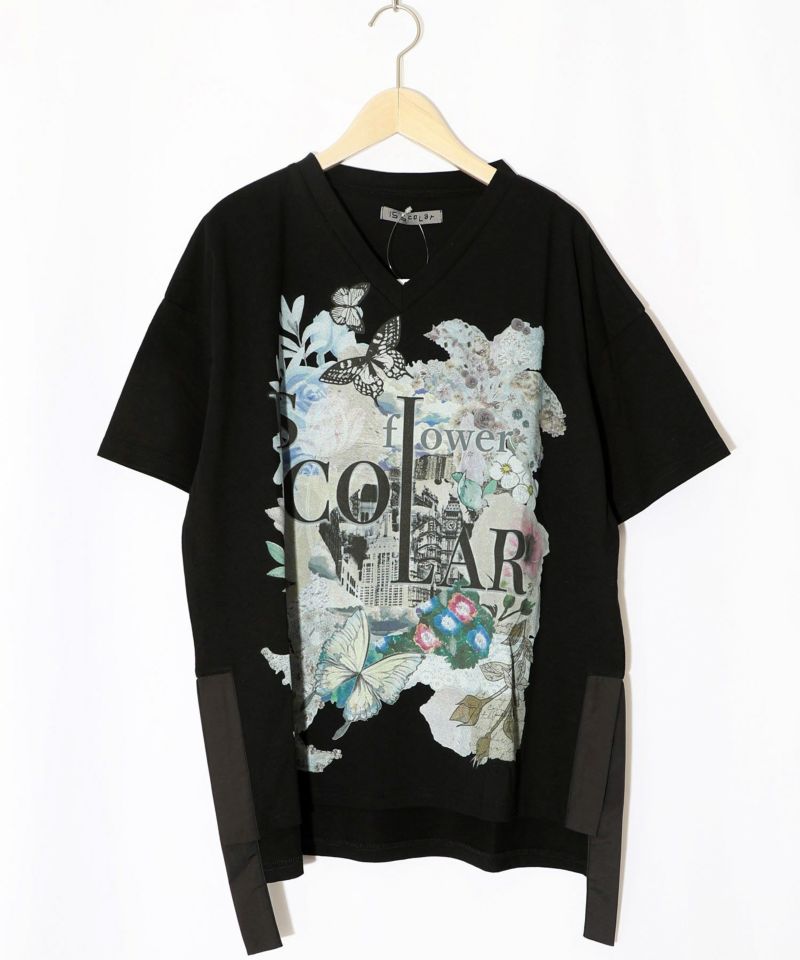 ロゴ花刺繍 スリット入りTシャツ-11