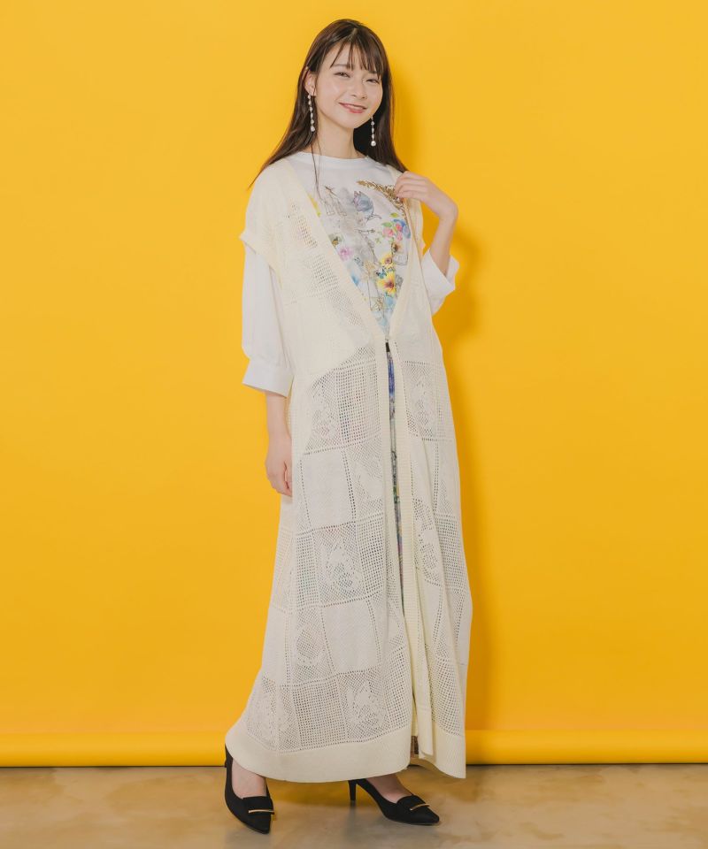 透かし編みニットロングベスト-1