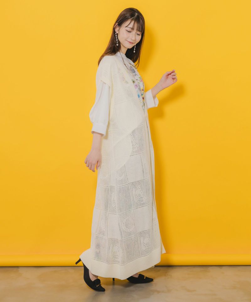 透かし編みニットロングベスト-3