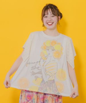オレンジスカラーちゃん 柄レース袖Tシャツ-1