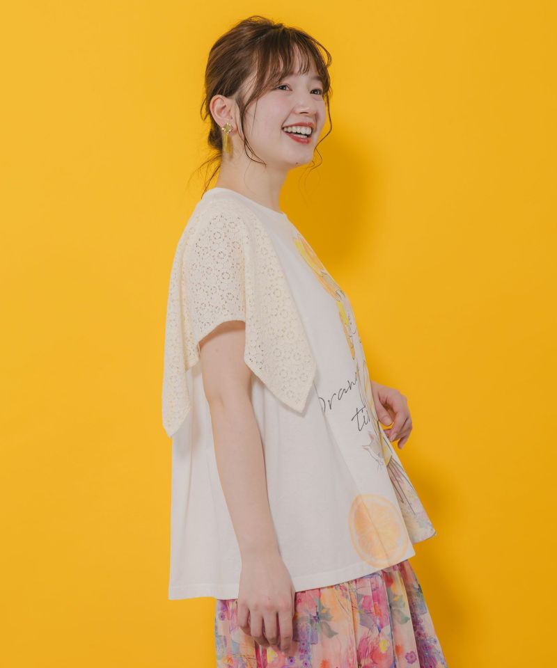 オレンジスカラーちゃん 柄レース袖Tシャツ-3