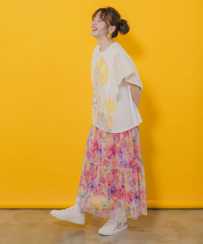 オレンジスカラーちゃん 柄レース袖Tシャツ-3