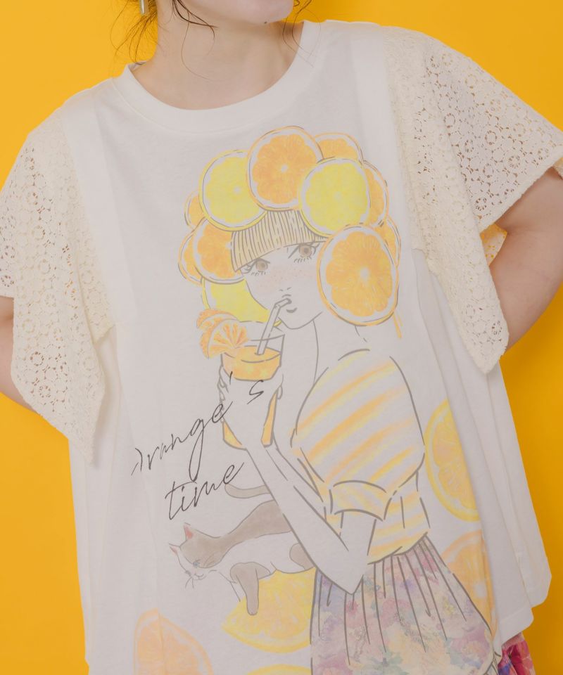 オレンジスカラーちゃん 柄レース袖Tシャツ-7