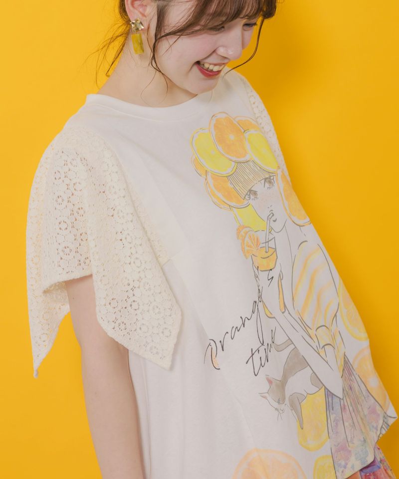オレンジスカラーちゃん 柄レース袖Tシャツ-8