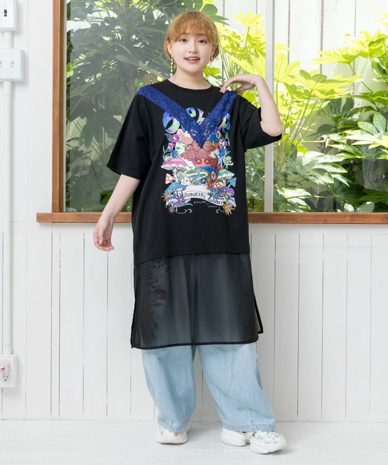スカラーキノコ柄 レース×シフォン切替ワンピース-1