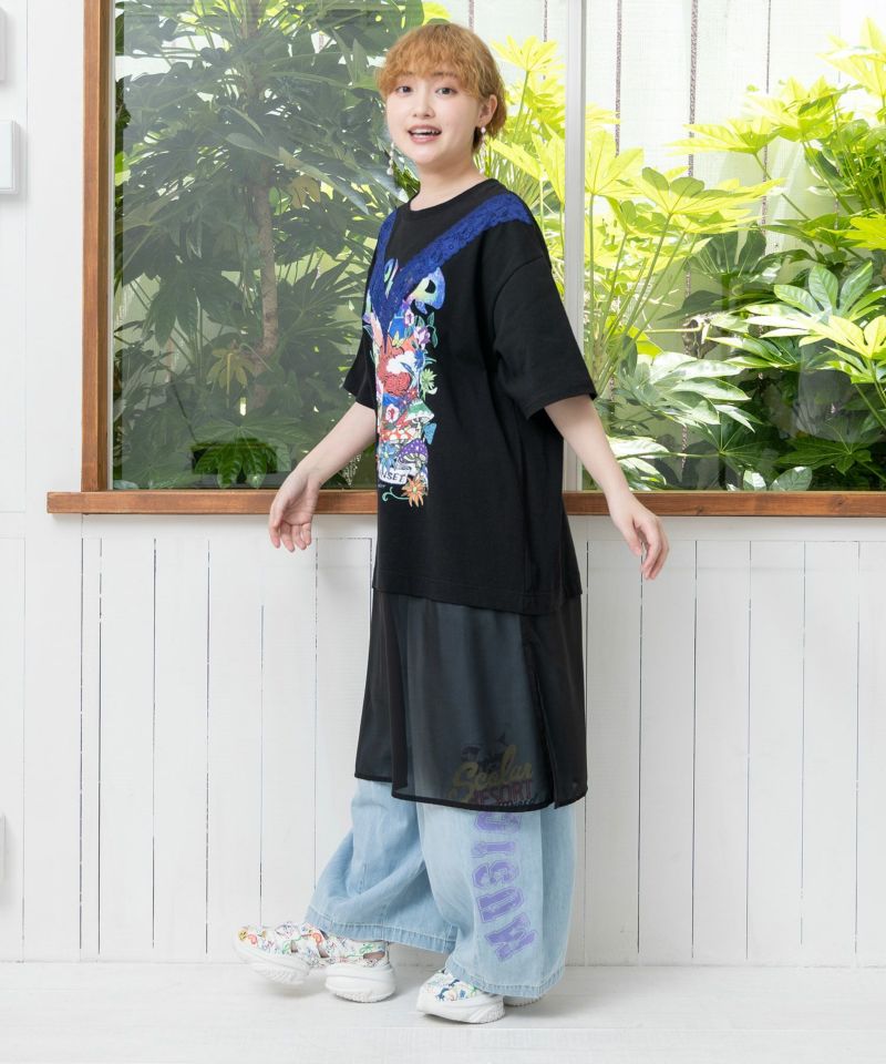 スカラーキノコ柄 レース×シフォン切替ワンピース-3