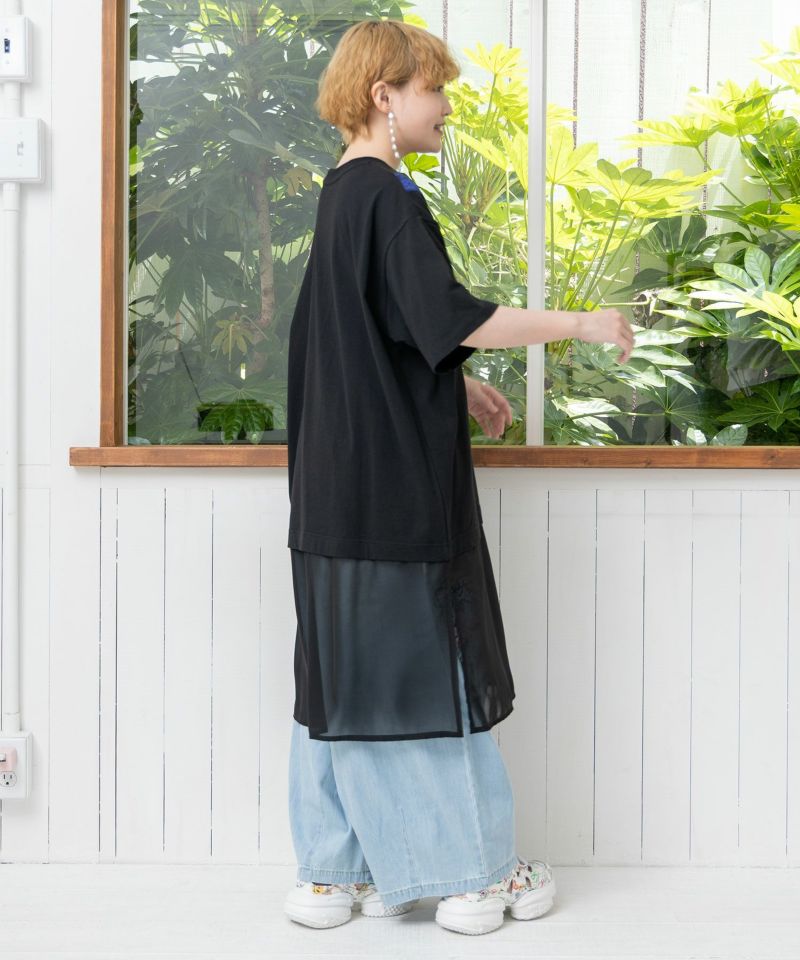 スカラーキノコ柄 レース×シフォン切替ワンピース-4