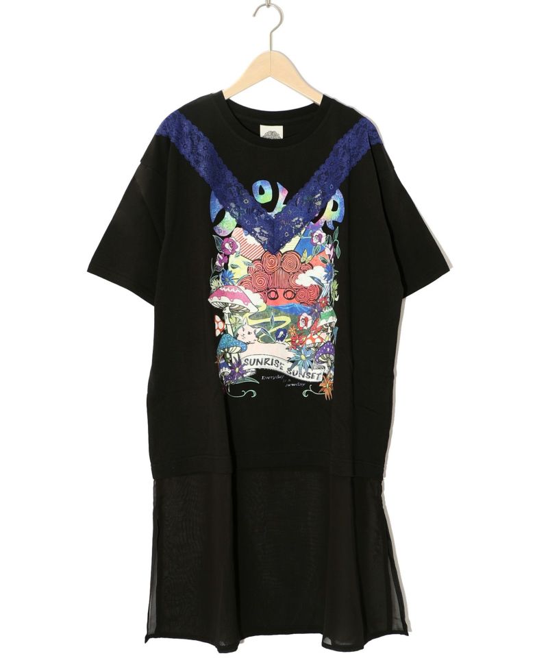 スカラーキノコ柄 レース×シフォン切替ワンピース-9