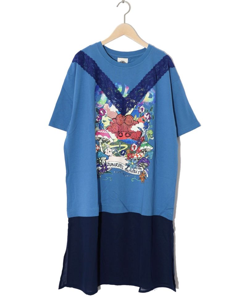 スカラーキノコ柄 レース×シフォン切替ワンピース-13