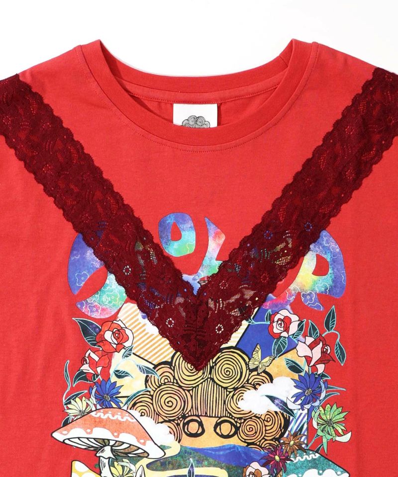 スカラーキノコ柄 レース×シフォン切替ワンピース-15
