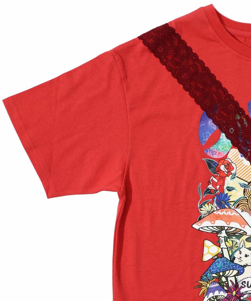 スカラーキノコ柄 レース×シフォン切替ワンピース-17