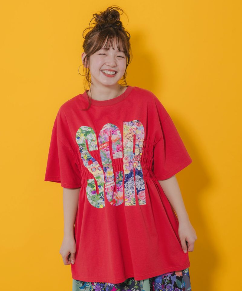 SCRロゴ花柄 シャーリングTシャツ-1
