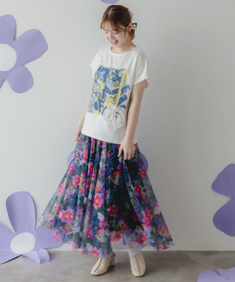 ネコ花柄レーステープTシャツ-2