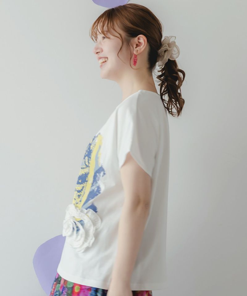 ネコ花柄レーステープTシャツ-3