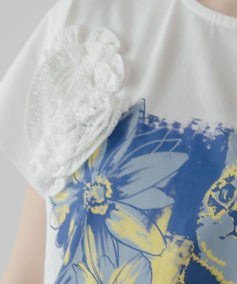 ネコ花柄レーステープTシャツ-5