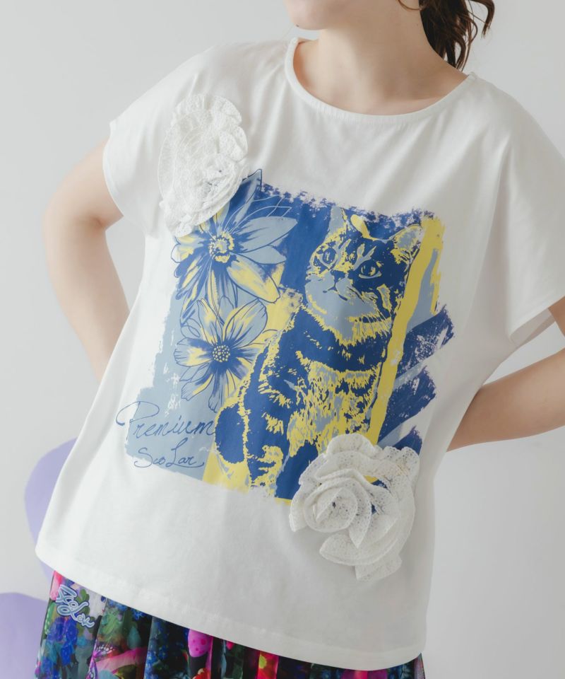 ネコ花柄レーステープTシャツ-6