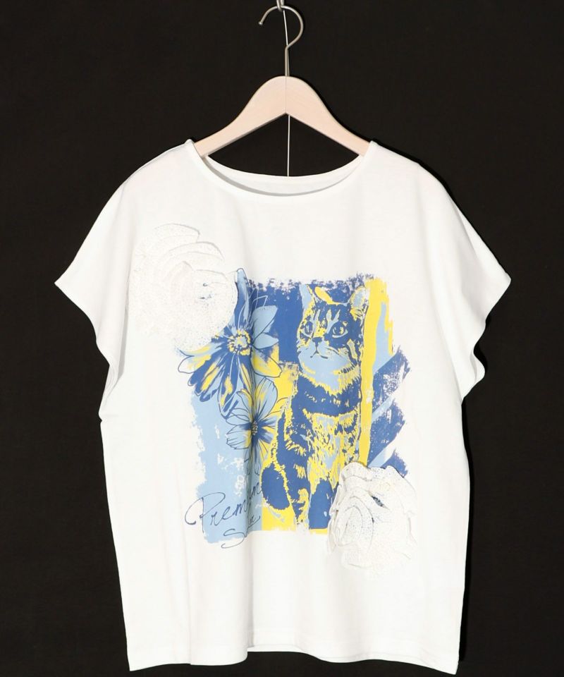 ネコ花柄レーステープTシャツ-7