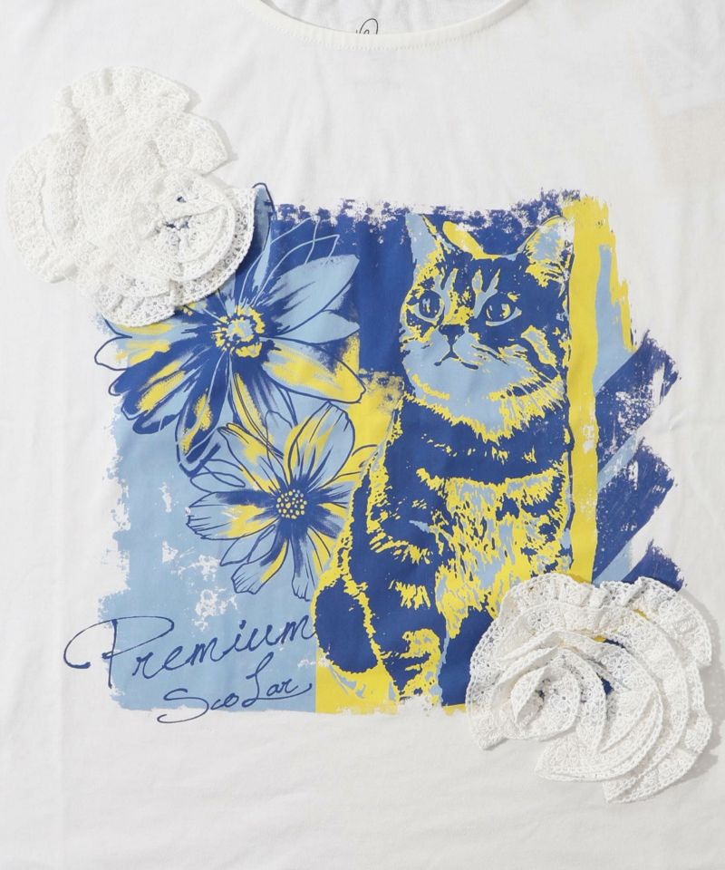 ネコ花柄レーステープTシャツ-8