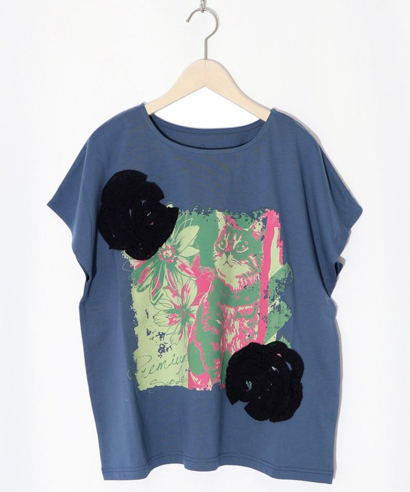 ネコ花柄レーステープTシャツ-9