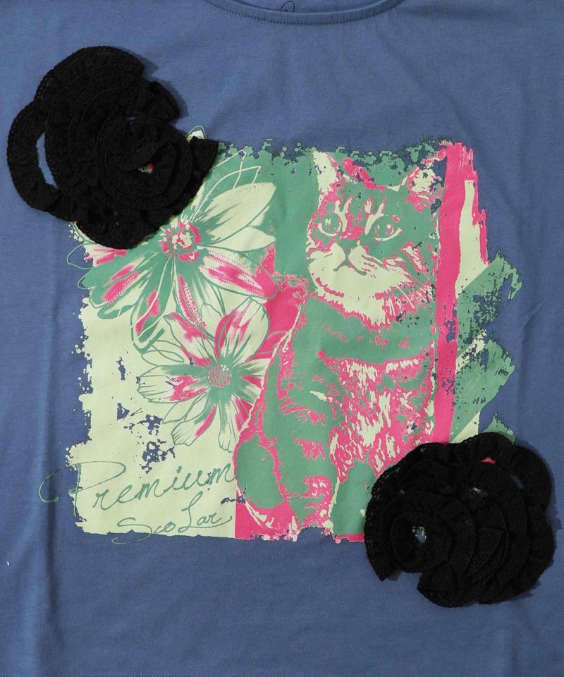 ネコ花柄レーステープTシャツ-10
