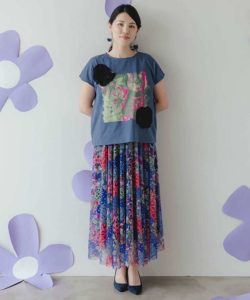 ネコ花柄レーステープTシャツ-12